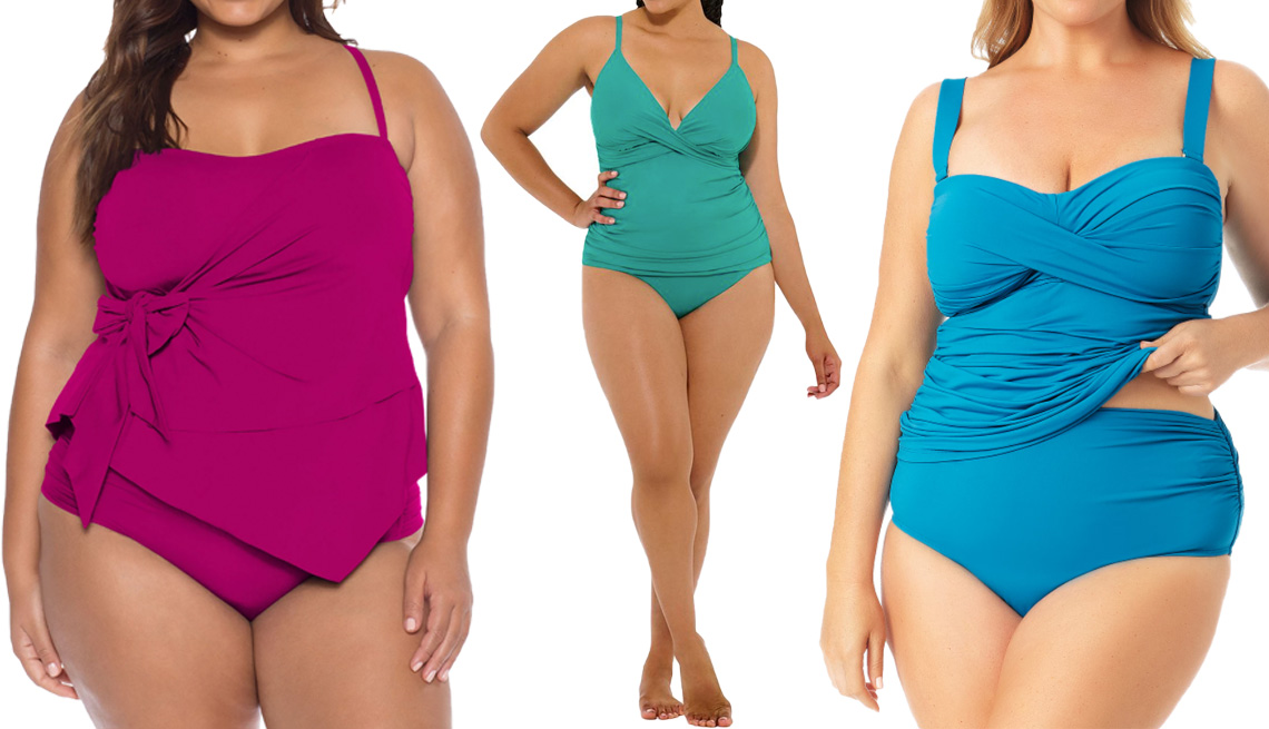 item 5 of Gallery image - Becca ETC Plus-Size Color Code Wrap Tankini Top and Ruched Hipster Bottom in Pomegranate; Freshwater Plus-Size Twist-Front Tankini Top and High Waist Swim Bottoms in Atlantis; Anne Cole Plus Size Twist-Front shirred Tankini Top and High Waist Bikini Bottoms in Teal
