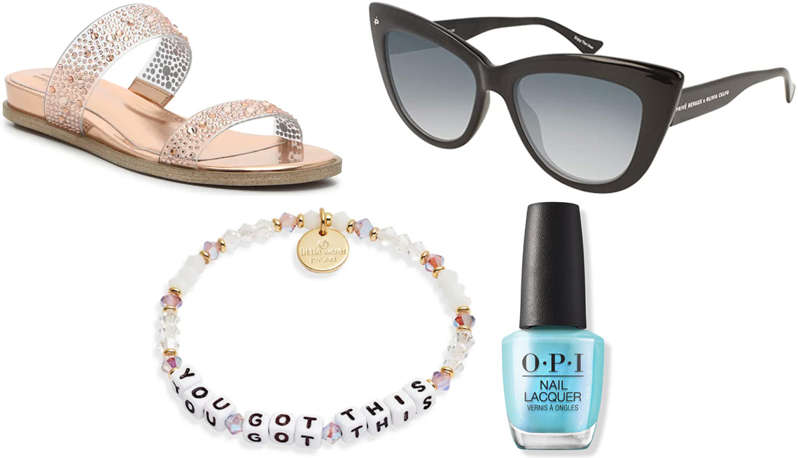 item 10 of Gallery image - JLO Jennifer Lopez Aliss Sandal in Rose Gold Metallic; Privé Revaux The Audrey Polarized Sunglasses in Caviar Black/Smoke Mirror; OPI Power of Hue Nail Lacquer Collection in Sky True to Yourself; Little Words Project You Got This Stretch Bracelet
