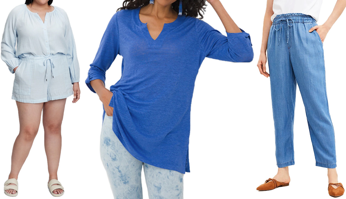 item 6 of Gallery image - Gap Crinkle Gauze Boatneck Button-Front Top in Poolside Blue; Chico’s Notch Neck Linen Tunic in Amparo Blue; Loft Emory Taper Pants in Chambray