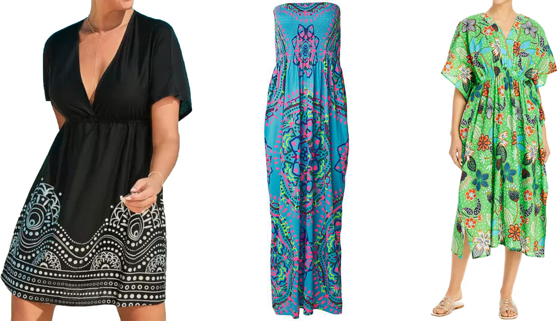item 10 of Gallery image - Swimsuits for All Plus-Size Kate V-Neck Cover-Up Dress in Black; Venus Plus-Size Maxi Dress in Aqua Reef Multi; Echo Garden Party Midi Dress Swim Coverup in Spearmint