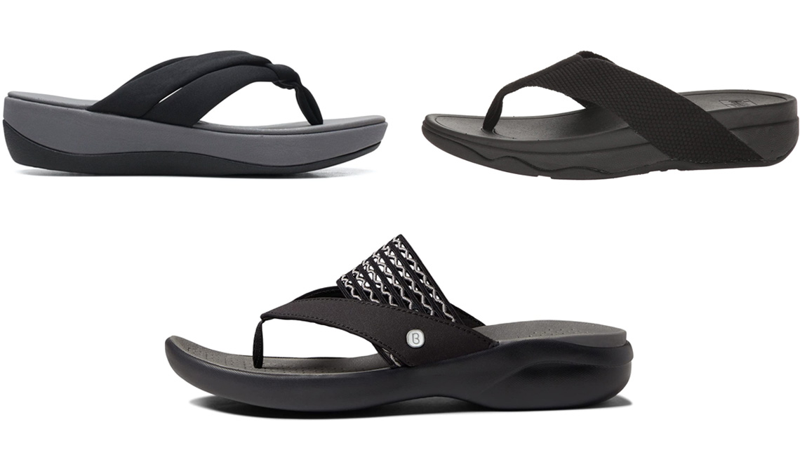 item 7 of Gallery image - Clarks Women’s Cloudsteppers Arla Kaylie Sandals in Black Textile Sparkles; FitFlop Surfa in Black; Bzees Cabana in Black Stretch Fabric