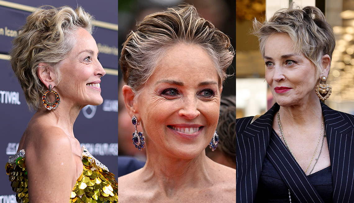 item 1 of Gallery image - Three images of actress Sharon Stone wearing a long pixie haircut