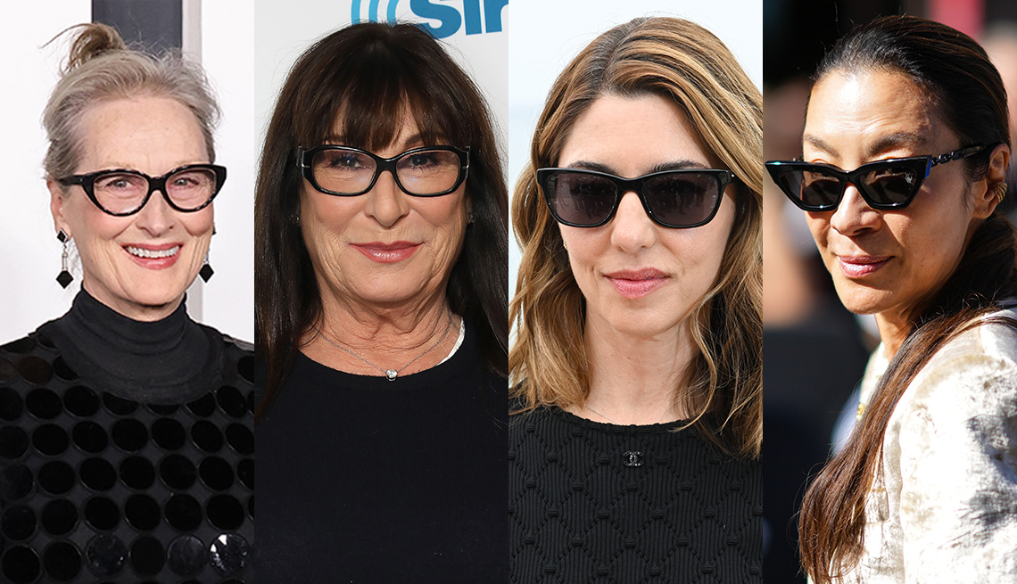 item 9 of Gallery image - Side by side images of Meryl Streep, Anjelica Huston, Sofia Coppola and Michelle Yeoh wearing black glasses or sunglasses