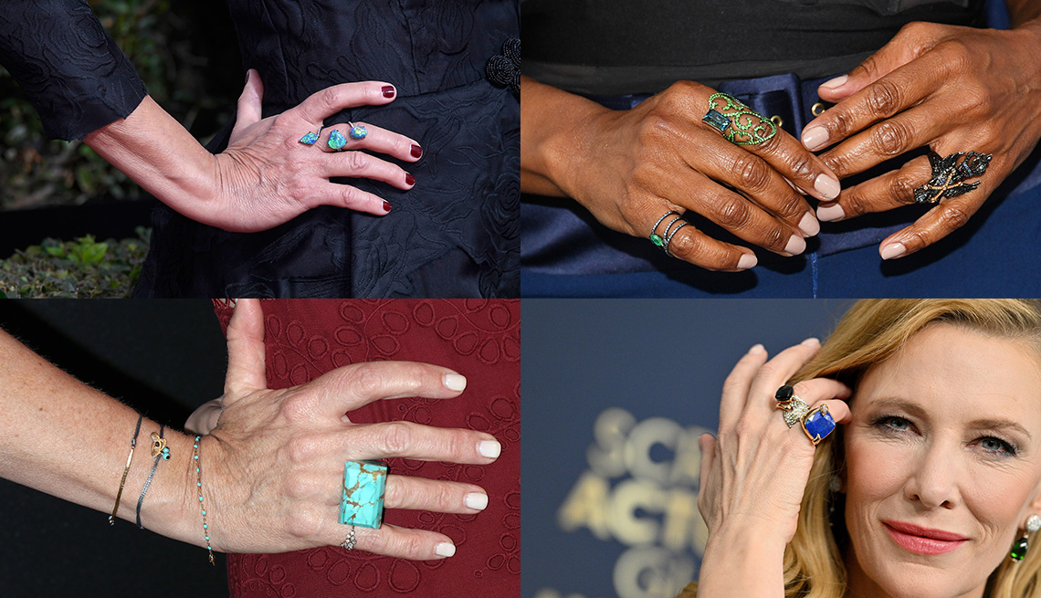 item 10 of Gallery image - (En el sentido de las agujas del reloj, desde la parte inferior izquierda) Toni Collette con un anillo de turquesa grueso y un delicado anillo en el dedo meñique; Laurie Metcalf con un llamativo anillo de piedra azul y esmalte de uñas rojo; Angela Bassett con varios anillos en los dedos de ambas manos; Cate Blanchett con anillos gruesos en la mano derecha.