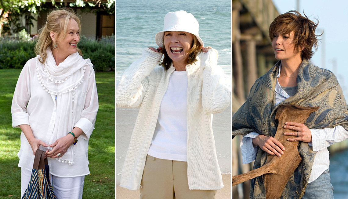Meryl Streep in a scene from the film It's Complicated, Diane Keaton smiling on a beach in Something's Gotta Give and Diane Lane in Nights in Rodanthe