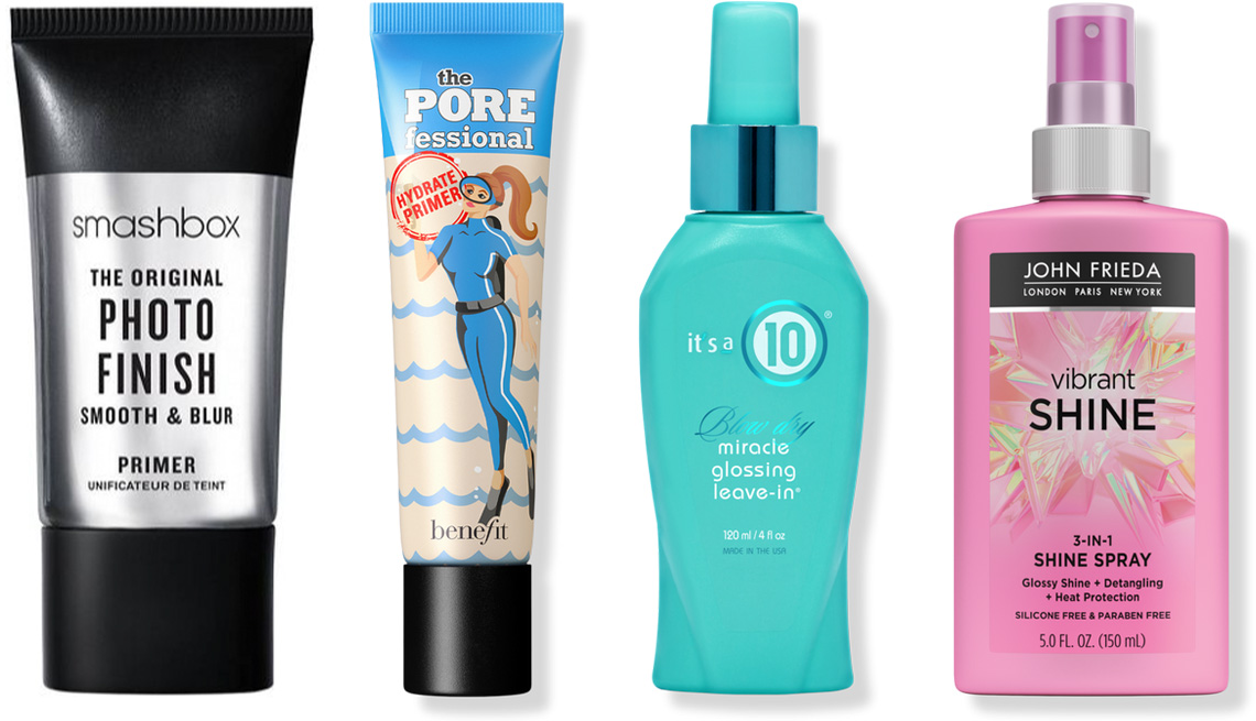 (Izquierda a derecha) Base Smashbox The Original Photo Finish Smooth & Blur Primer; base Benefit Cosmetics The POREfessional Hydrating Primer; It's a 10 Blow Dry Miracle Glossing Leave-in; John Frieda Vibrant Shine 3-in-1 Spray.