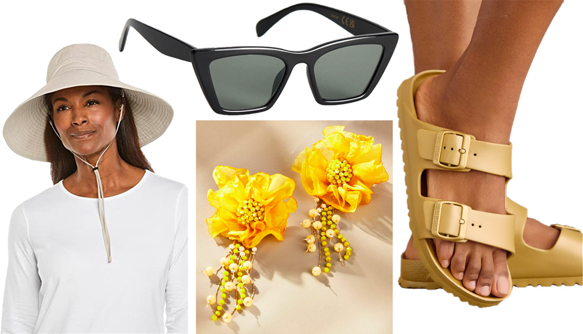 Sombrero, sandalias, aretes y gafas de sol.