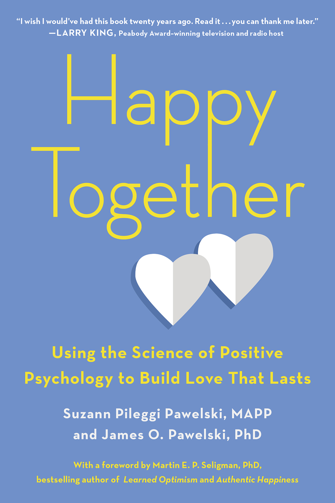 Happy Together by Suzaan Pileggi Pawelski. Blue book cover with two folded paper hearts