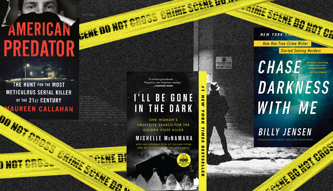 American Predator, I'll Be Gone in the Dark, Chase Darkness With Me book covers with graphic of Crime Scene Tape