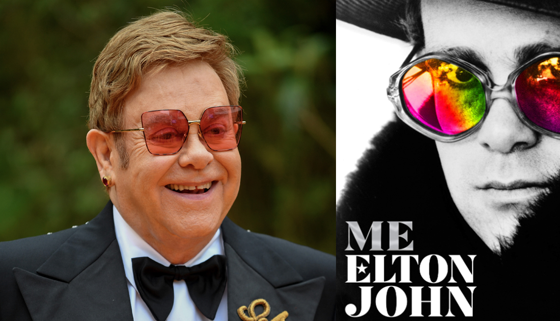 diptych of sir elton john and the cover of his new autobigraphy titled me