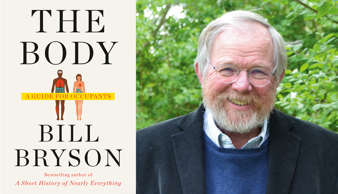 diptych of the cover of bill brysons new book called the body a guide for occupants and a portrait of bill standing outdoors smiling