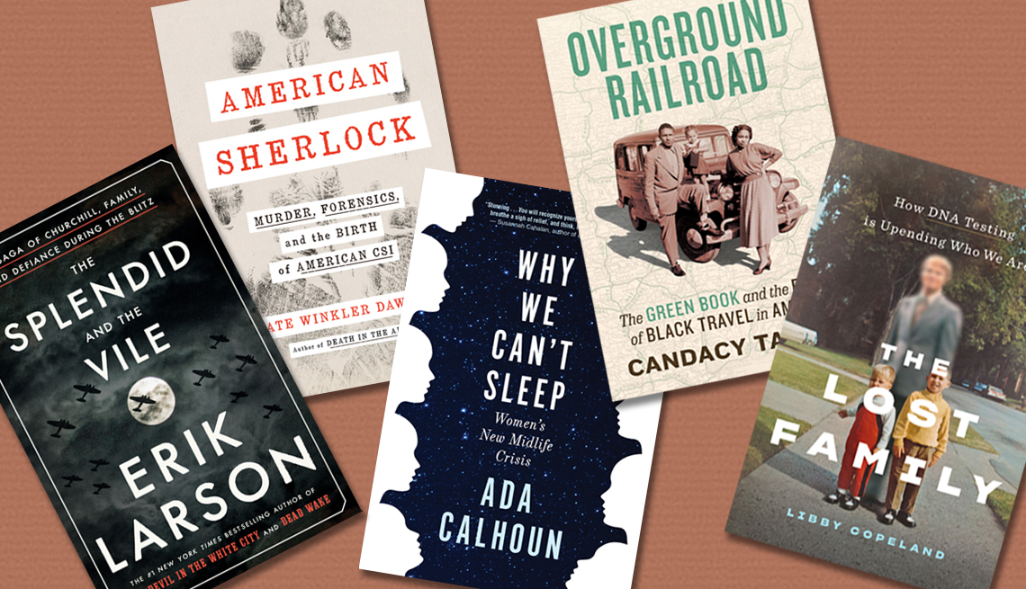 collage of The Splendid and the Vile, American Sherlock, Why We Can't Sleep, Overground Railroad and The Lost Family book covers
