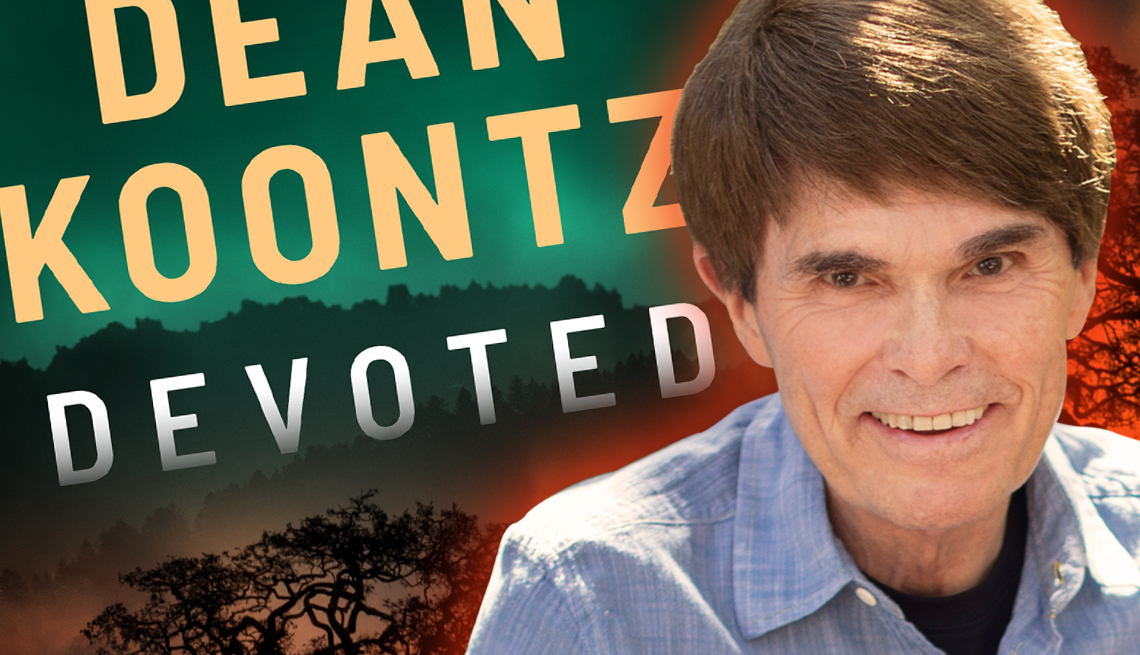 dean koontz and a cover graphic of his latest book titled devoted