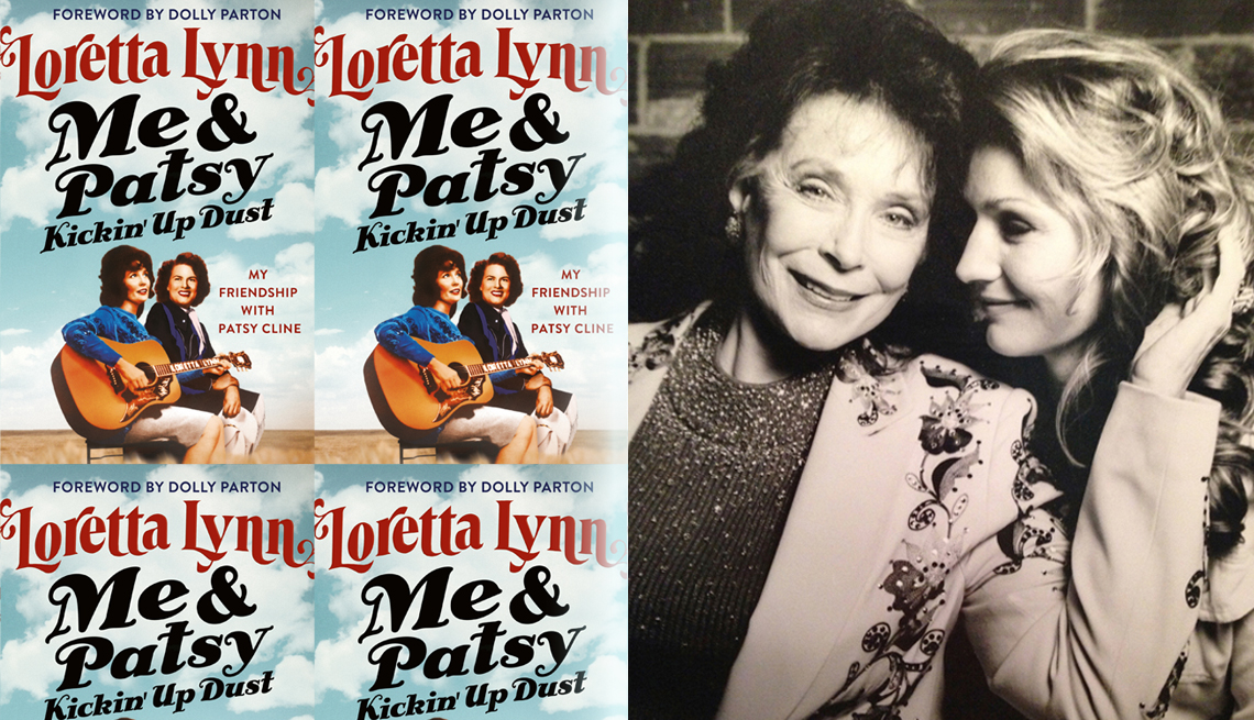 collage of loretta lynn and her daughter who cowrote lynns book titled me and patsy kickin up dust
