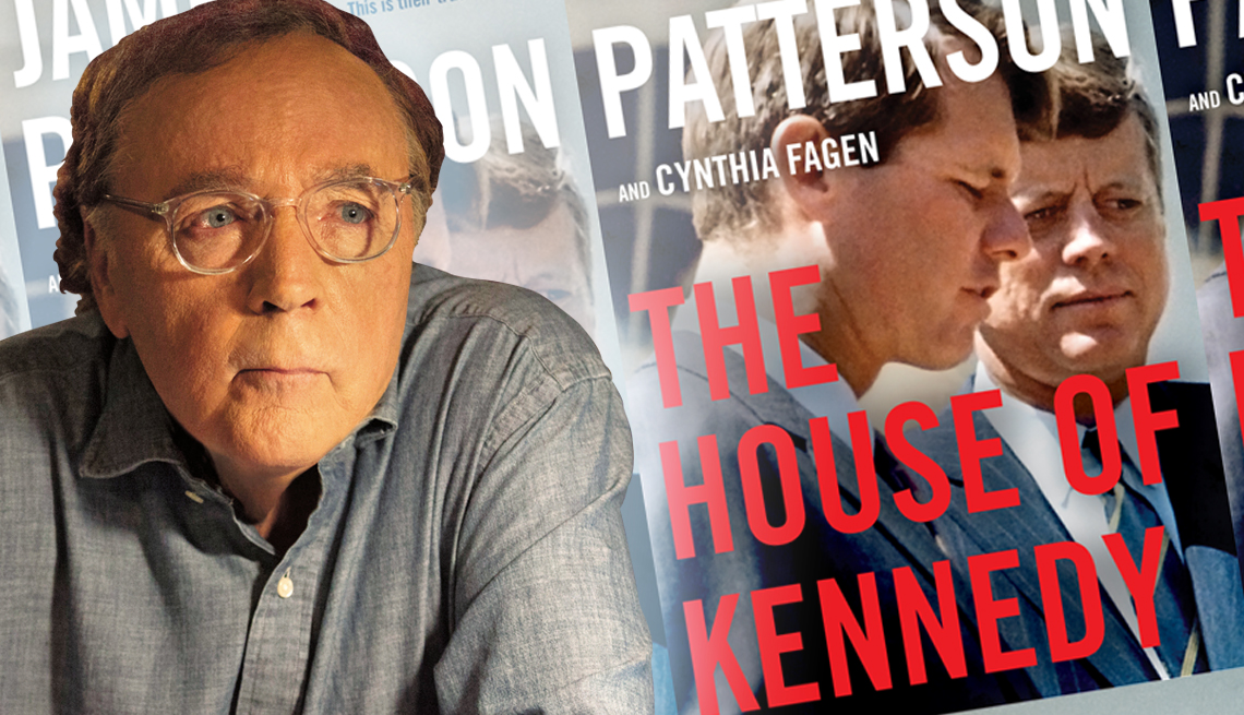 author james patterson in front of a graphic of his latest release titled the house of kennedy