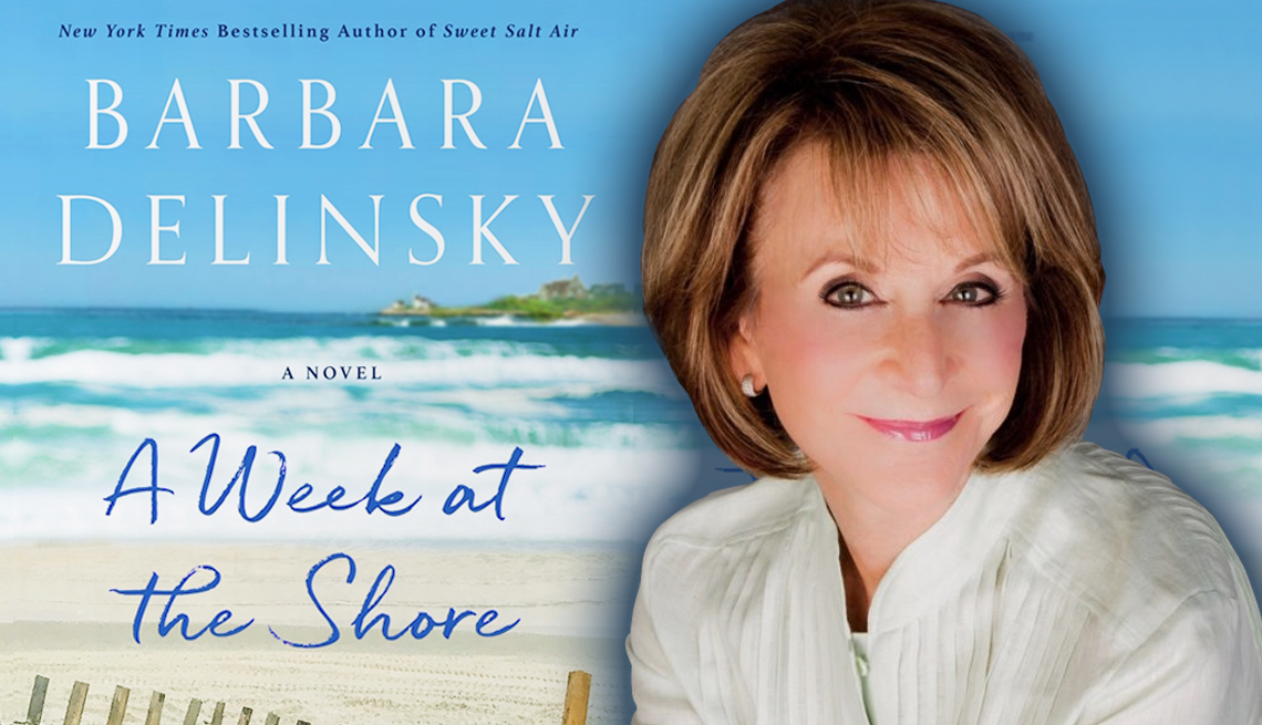 author barbara delinsky in front of her latest book cover titled a week at the shore