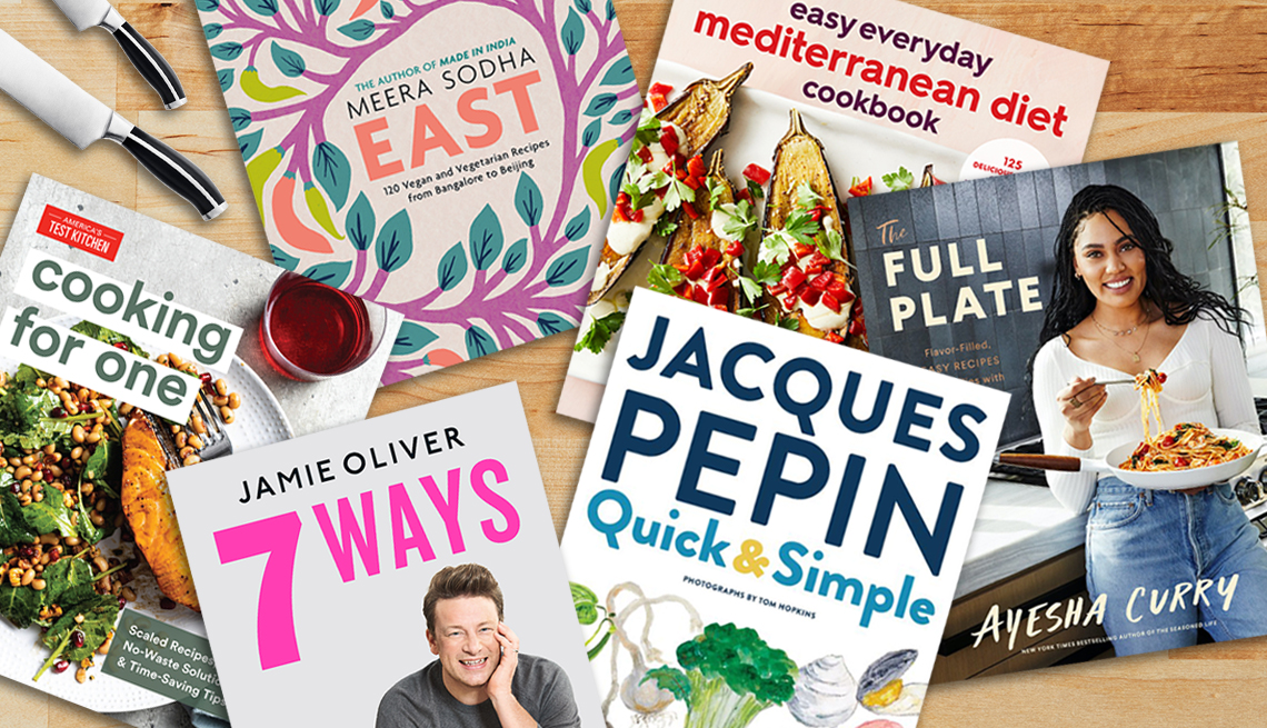 six new cookbooks are shown on a butcher block kitchen background