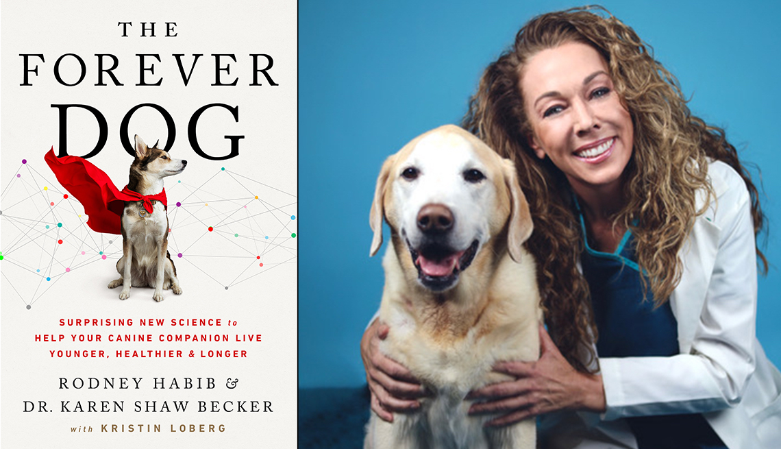 book cover of the forever dog by rodney habib and doctor karen shaw becker and a photo of becker with her dog