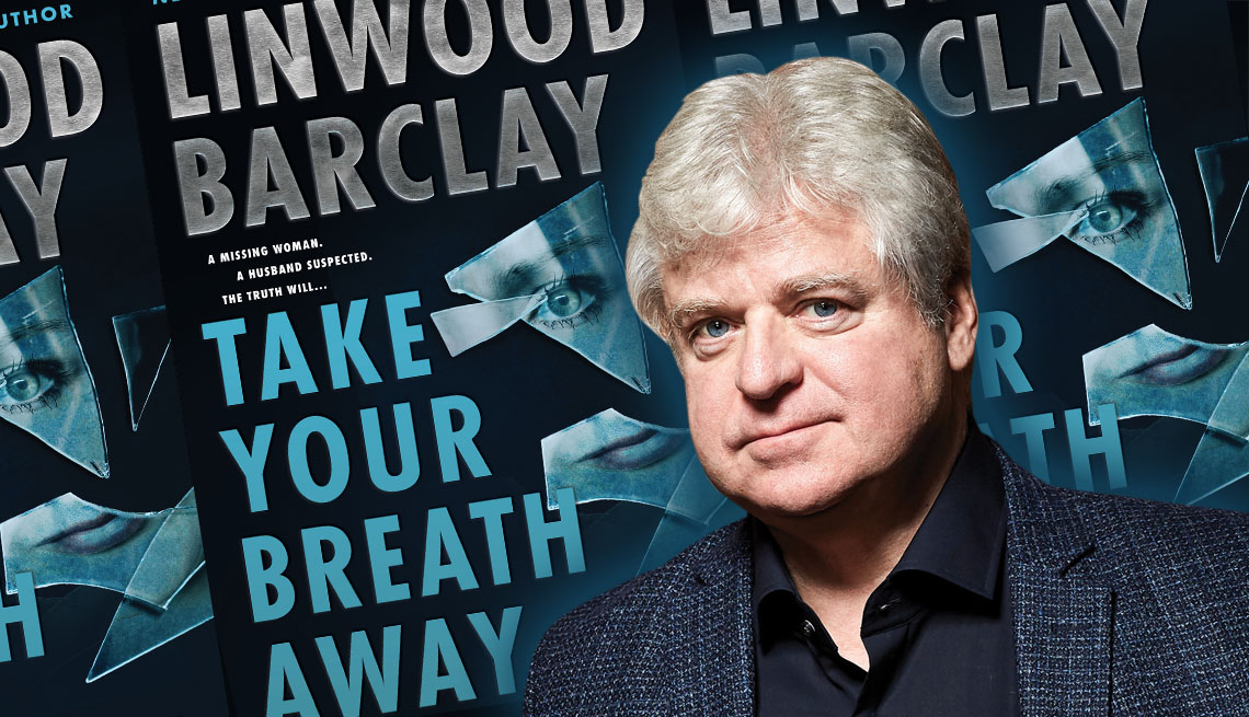 author linwood barclay in front of his new book cover take your breath away