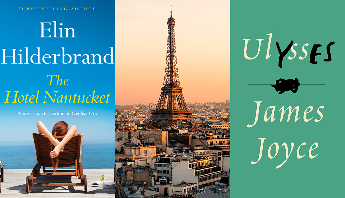two book covers and a photo of paris including the hotel nantucket by elin hilberbrand and ulysses by james joyce