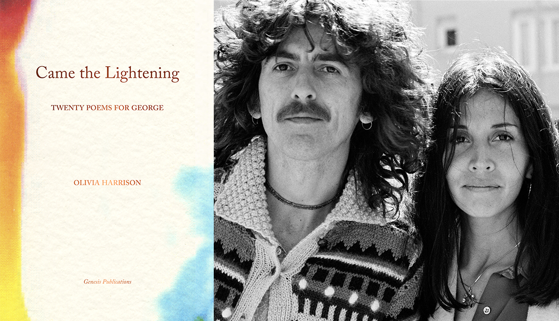 the book cover of came the lightening twenty poems for george by olivia harrison and a photograph of george and olivia taken likely in the seventies