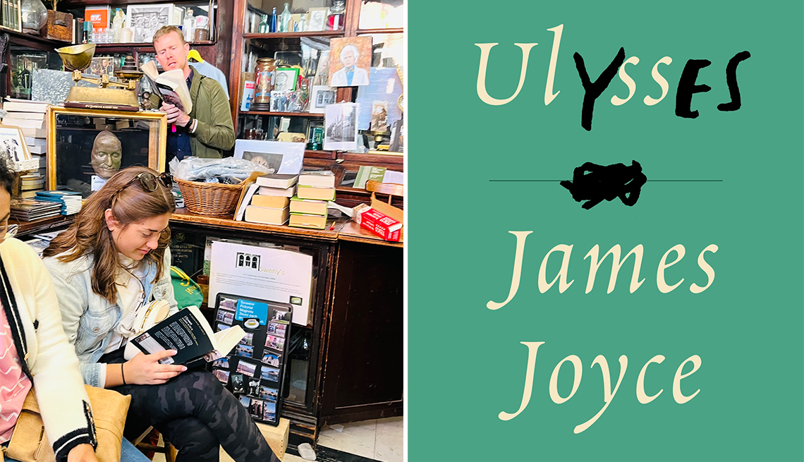 people reading in a bookstore and the cover of ulysses by james joyce