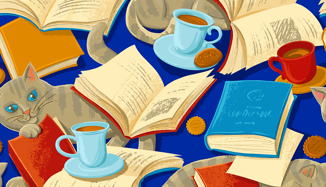 Whimsical pattern with books, cats, cups of tea and cakes on dark blue background.