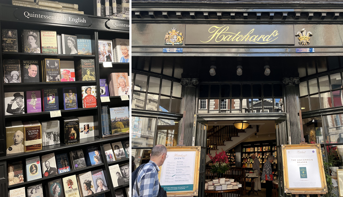 a shelf of books and the entrance of hatchards bookstore in london