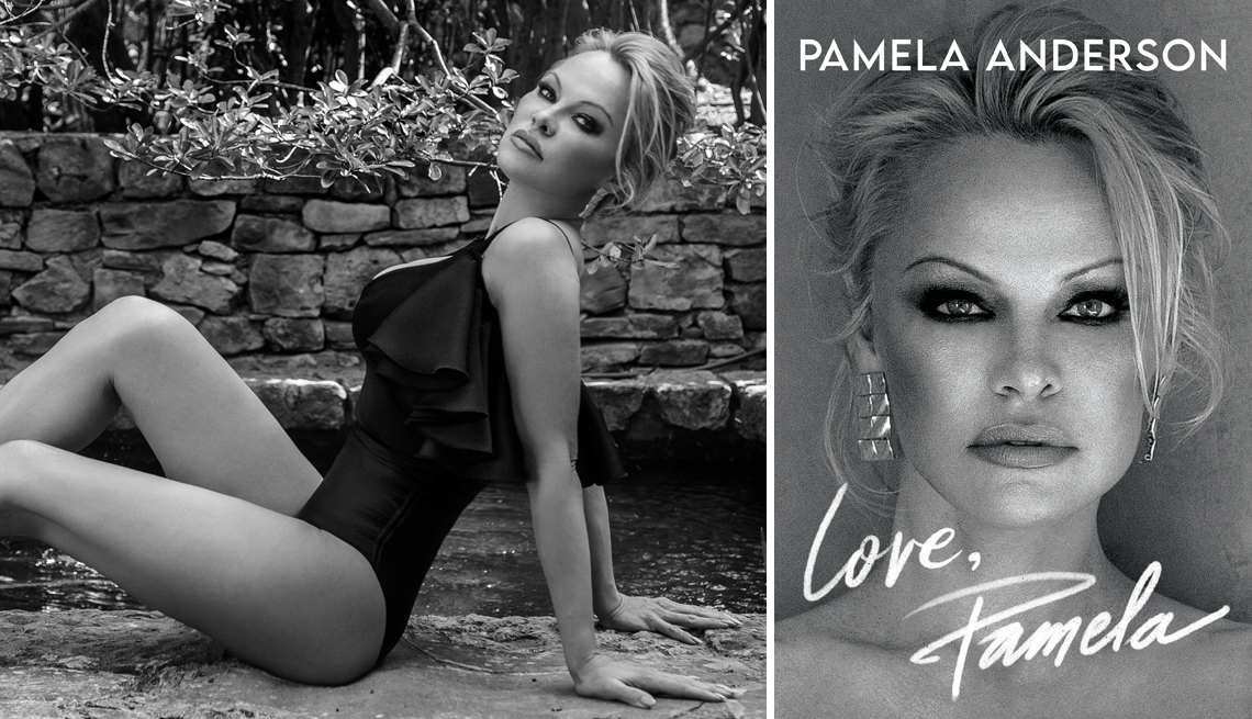 left a photo of pamela anderson by a pool right the book love pamela a memoir by pamela anderson