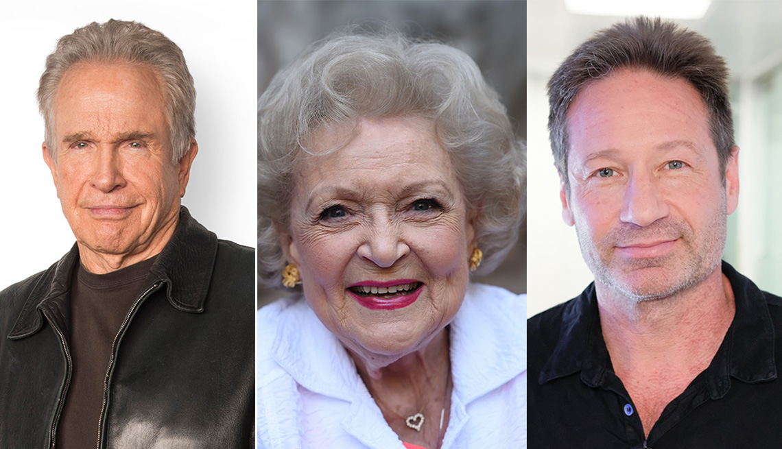 Photos of actors Warren Beatty, Betty White, David Duchovny
