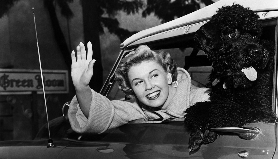 item 25 of Gallery image - Doris Day rides with a poodle in her car.