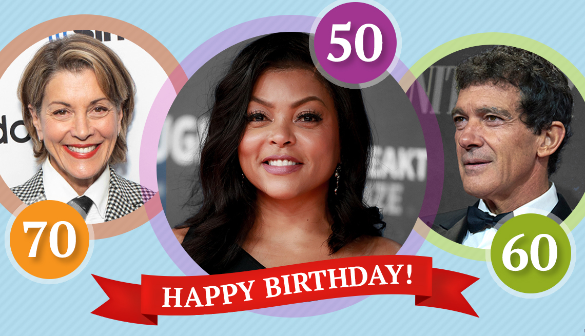 item 11 of Gallery image - happy birthday banner under images of celebrities with milestone birthdays this year. from left to right are shown wendee malick turning 70 taraji p henson turning 50 and antonio banderas tunring 60