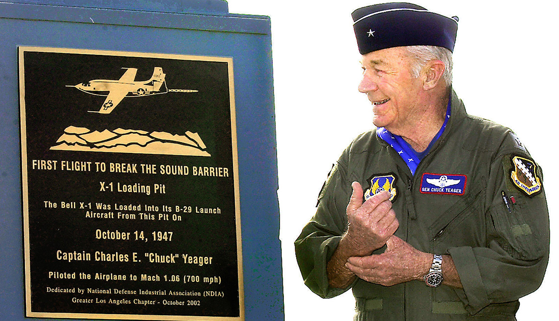 item 7 of Gallery image - Retired Air Force Brig. Gen. Chuck Yeager receives a plaque from the National Defense Industrial Association, recognizing his breaking of the sound barrier and the use of X- 1 loading pit, at Edwards Air Force Base in California