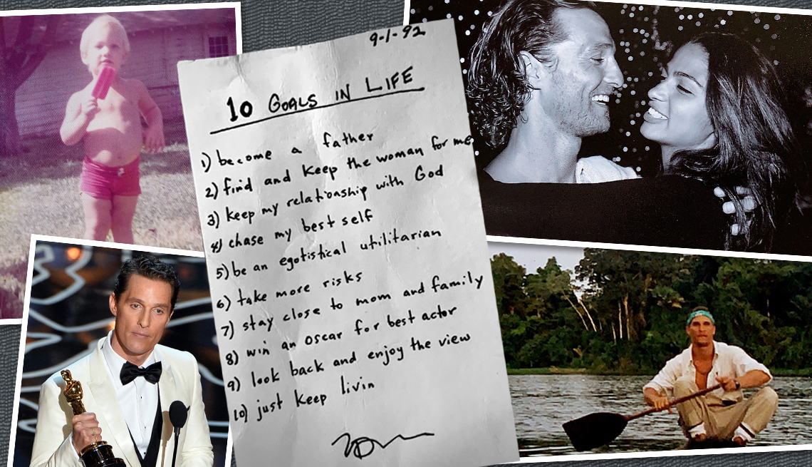 collage of images courtesy of matthew mcconaughey include him as a small boy a list of life goals he wrote in nineteen ninety two and other personal photos
