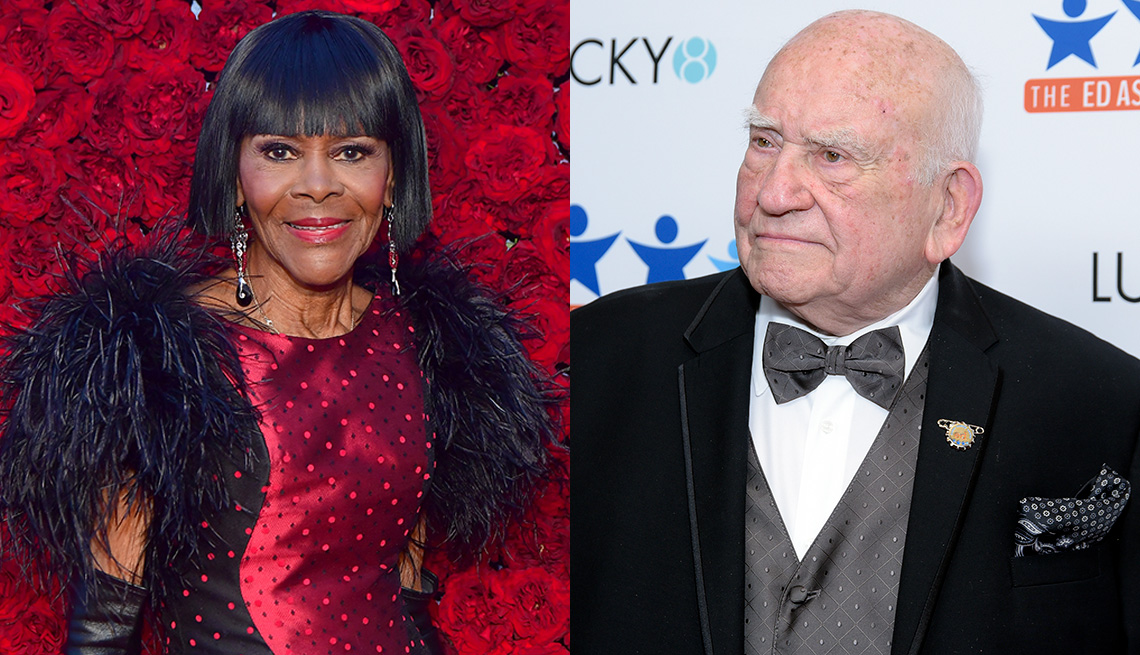Cicely Tyson wear a red dress and Ed Asner wearing a black suit with a bow tie