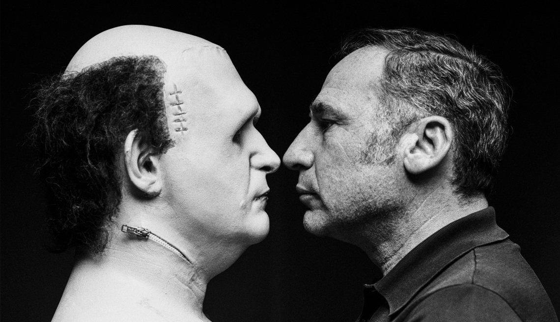 mel brooks as he poses nose to nose with young frankensteins peter boyle