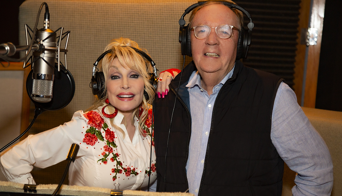 dolly parton and james patterson in a recording studio
