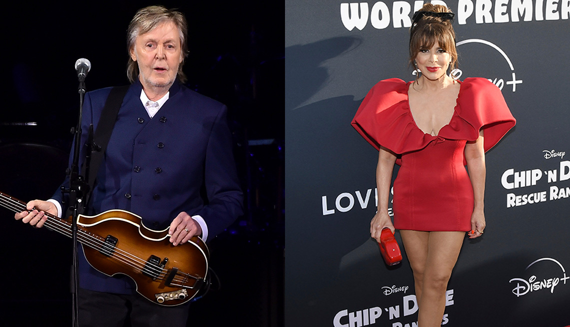 Paul McCartney holding an instrument during a concert performance and Paula Abdul in a red dress posing for a photo at the Chip N Dale Rescue Rangers premiere