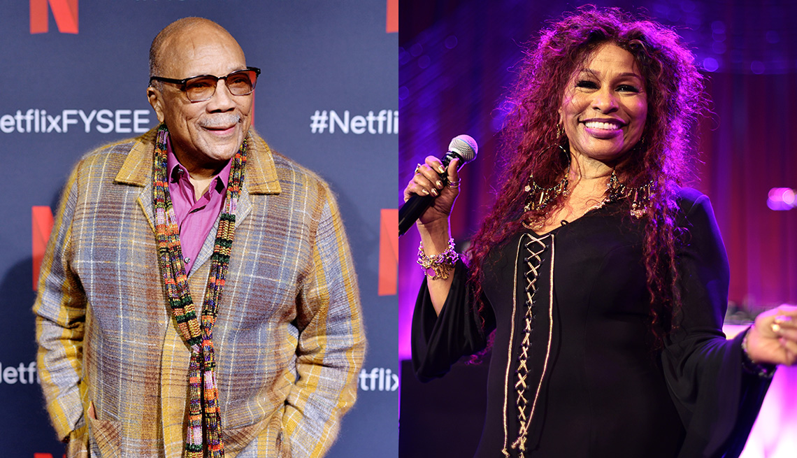 Quincy Jones smiles for a photo at the Q's Jook Joint Screening, Reception and Toast at Raleigh Studios in Los Angeles and Chaka Khan holding a microphone while performing onstage during Angel Ball 2022 hosted by Gabrielle's Angel Foundation at Cipriani Wall Street in New York City