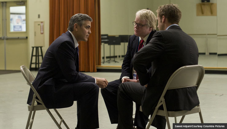 (l to r) George Clooney, Philip Seymour Hoffman and Ryan Gosling star in Columbia Pictures' 'Ides of March'