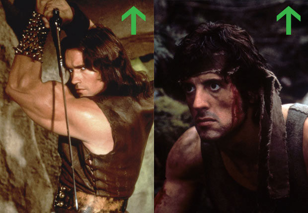Arnold Schwarzenegger in Conan the Barbarian, 1982; Sylvester Stallone in Rambo, 1982.