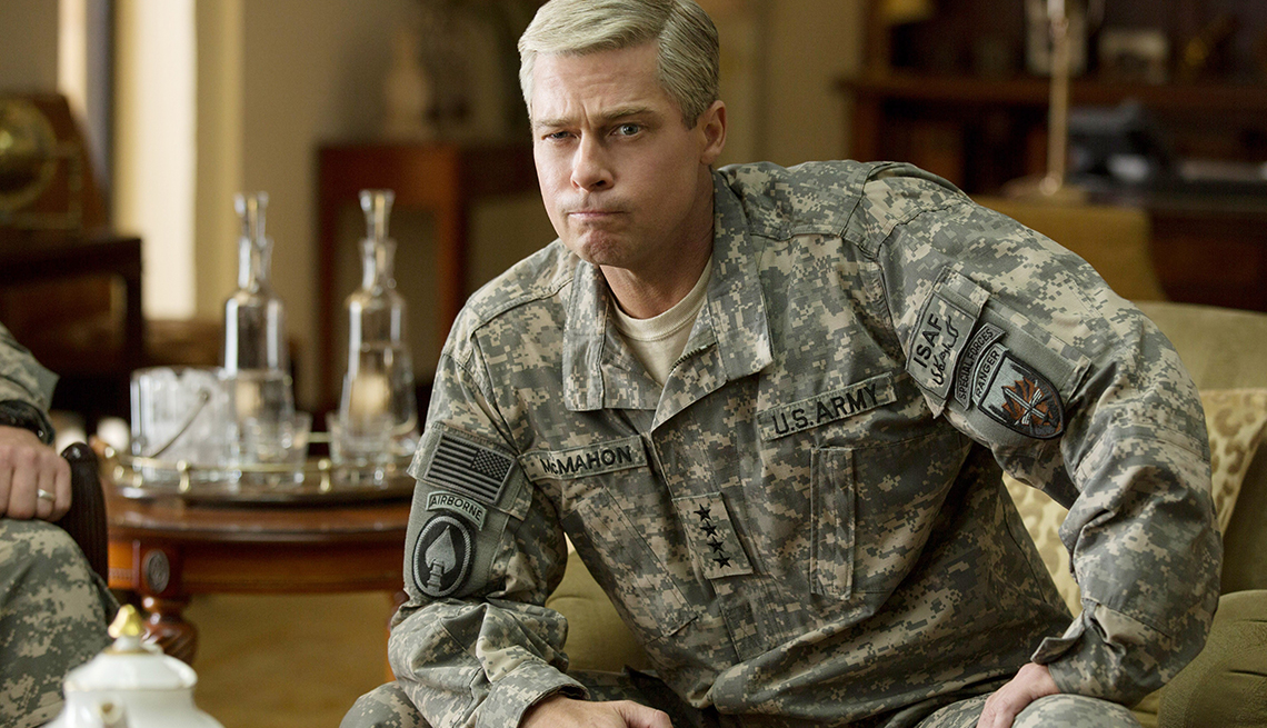 Brad Pitt stars as a four-star rock star U.S. military general in the Netflix original movie, War Machine.    