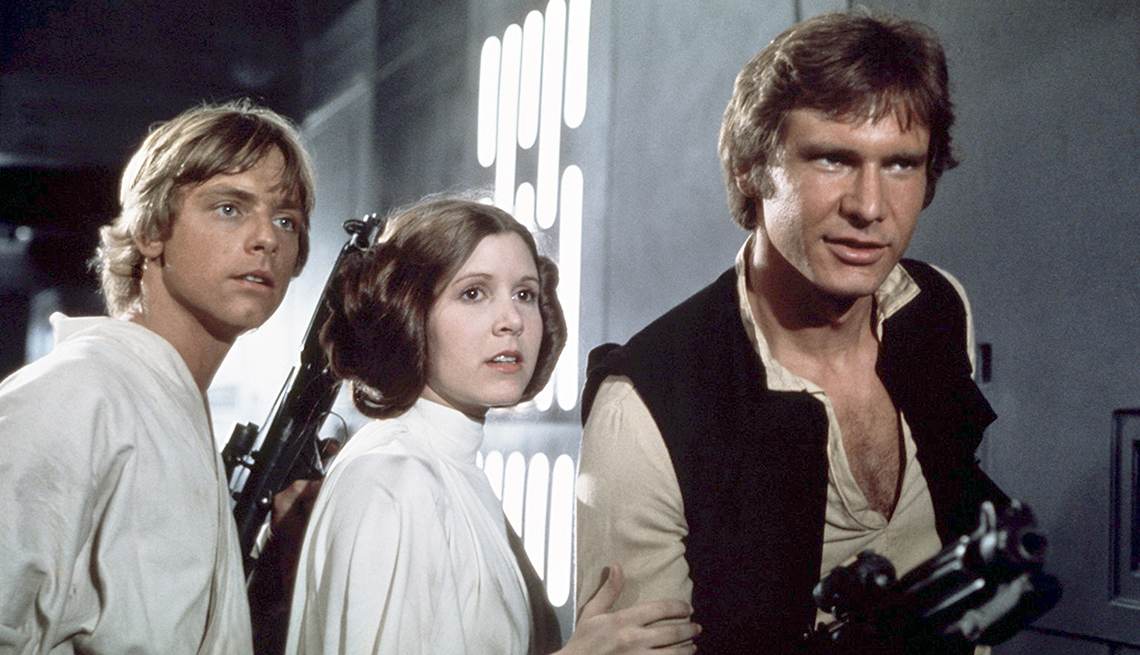 Mark hamill Carrie Fisher and Harrison Ford in a scene from Star Wars Episode 4 A New Hope