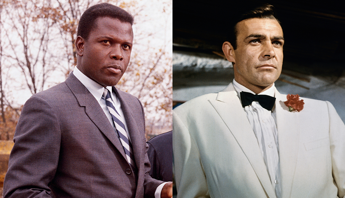 Sidney Poitier as Virgil Tibbs in the movie In the Heat of the Night and Sean Connery as James Bond in Goldfinger