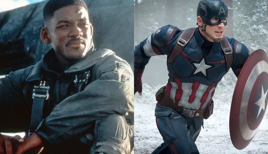 Will Smith como el capitán Steven Hiller en Independence Day y Chris Evans como el Capitán América