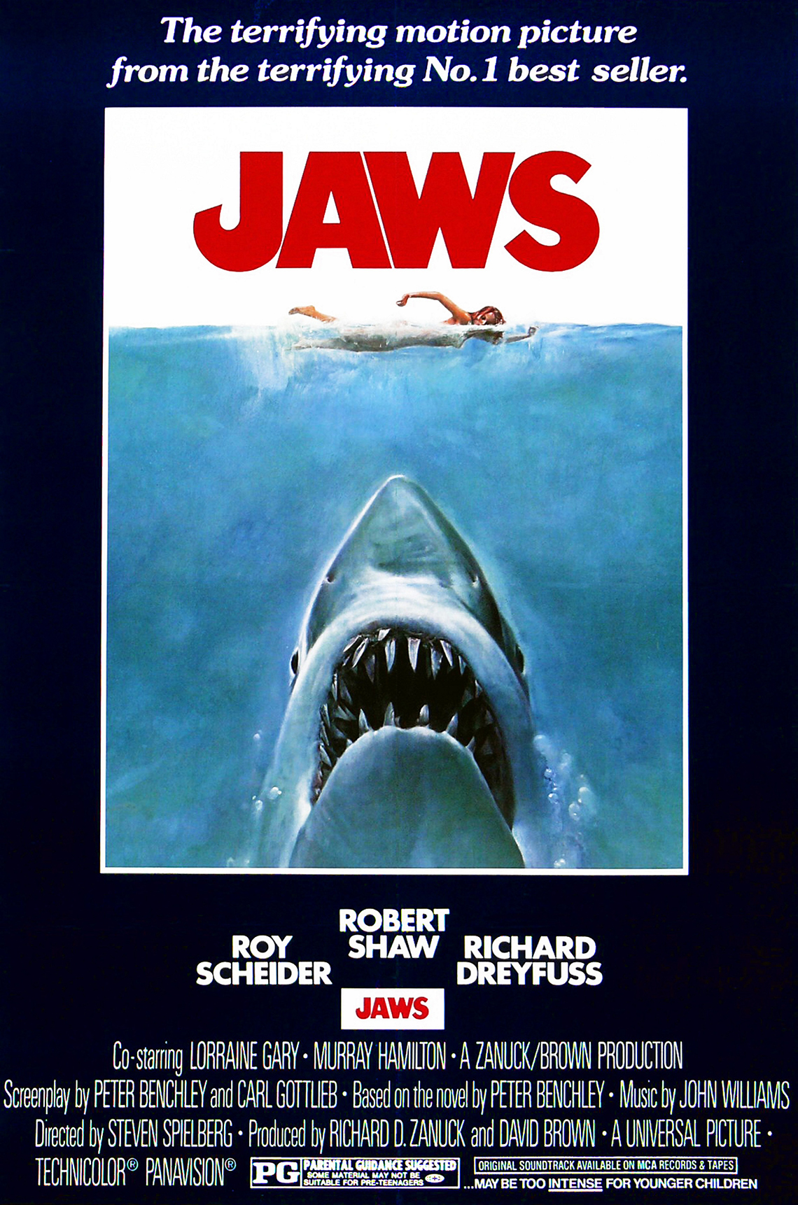 The movie poster for the 1975 film Jaws