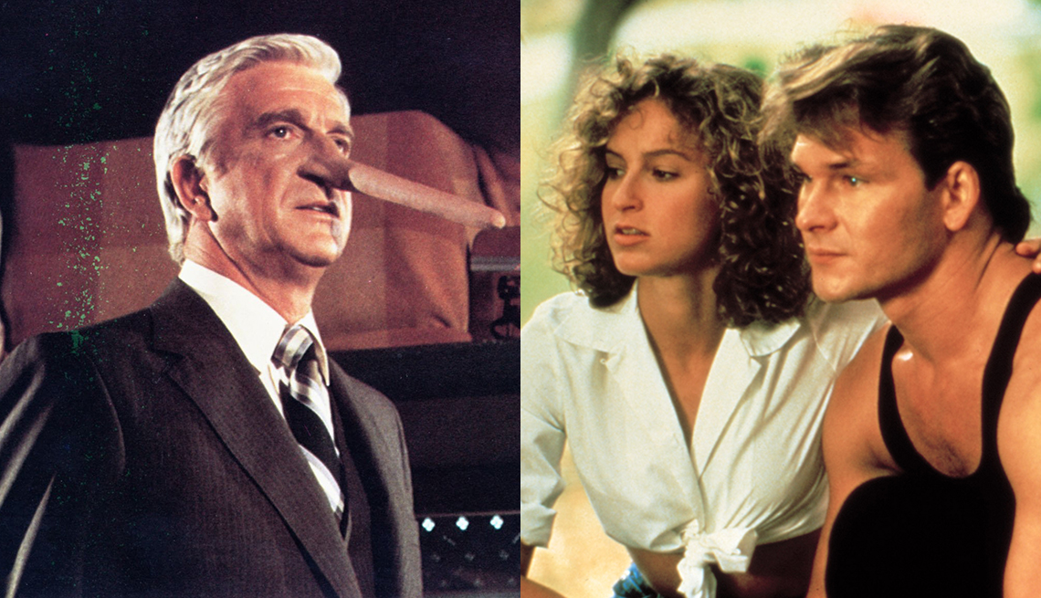 Leslie Nielsen in Airplane and Jennifer Grey and Patrick Swayze in Dirty Dancing