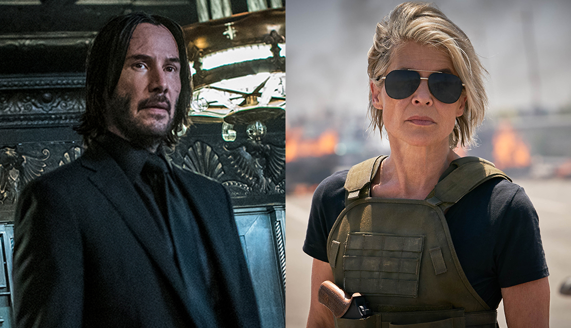 Keanu Reeves como John Wick en John Wick Chapter 3 — Parabellum y Linda Hamilton como Sarah Connor en Terminator Dark Fate