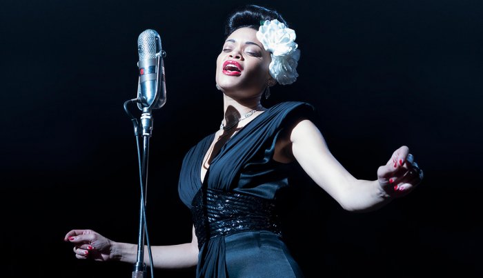 item 3 of Gallery image Andra Day singing into a microphone in the film The United States vs. Billie Holiday