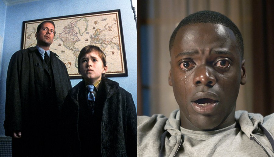 Bruce Willis and Haley Joel Osment in a scene from The Sixth Sense and Daniel Kaluuya in the film Get Out
